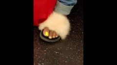 Candid Ebony Yellow Toes In Fuzzy Slippers