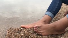 Ebony Teen Feet At The Shore Gets Covered In Sand.