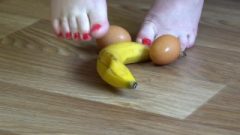 Meaty Legs Bare Feet Mercilessly Trampled Banana And Hard Eggs. Crush Fetish.