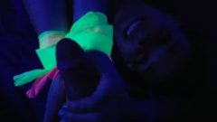 Glow In The Dark Blow-Job And Sockjob With Hands And Feet Tied Up