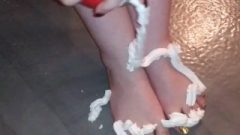 Fat Feet Playing In Whip Cum Showing Off Toes And Soles Then Cleaned Off