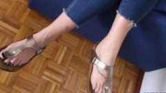 Close-up On My Dangling Voluptuous Feet And Ebony Toes In Birkenstock Sandals